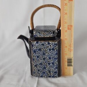 VTG Takahashi Blue Square TeaPot w Bamboo Handle Hand Painted 6 1/8"x6"x3.75"